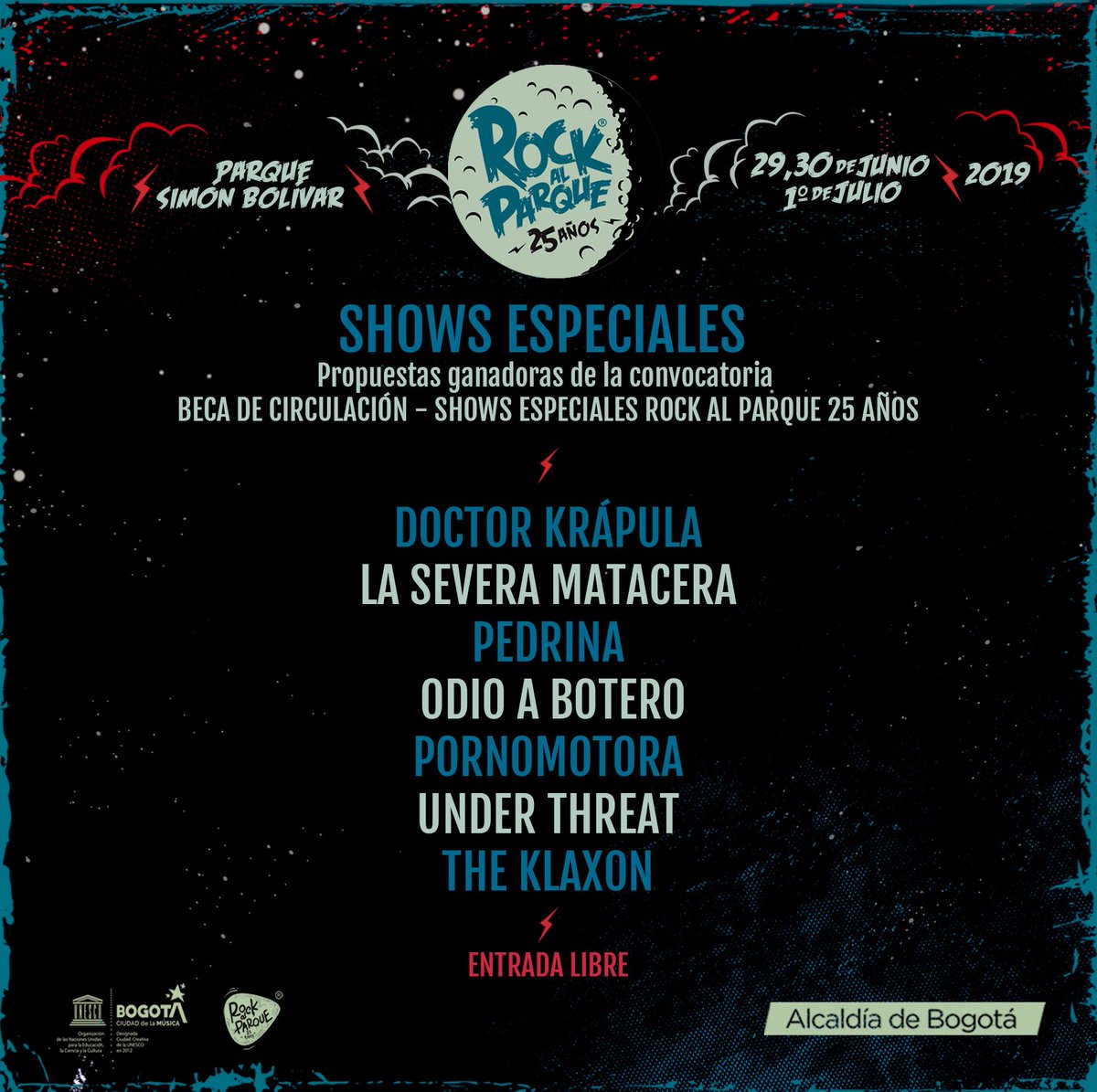7 espectáculos fueron los  seleccionados para ser parte de los 25 años de Rock al Parque. Un homenaje al Rock Distrital con  canciones, invitados y puestas en escena únicas en Bogotá. Nos vemos en el Simón Bolívar para disfrutar de estos shows especiales con bandas de trayectoria