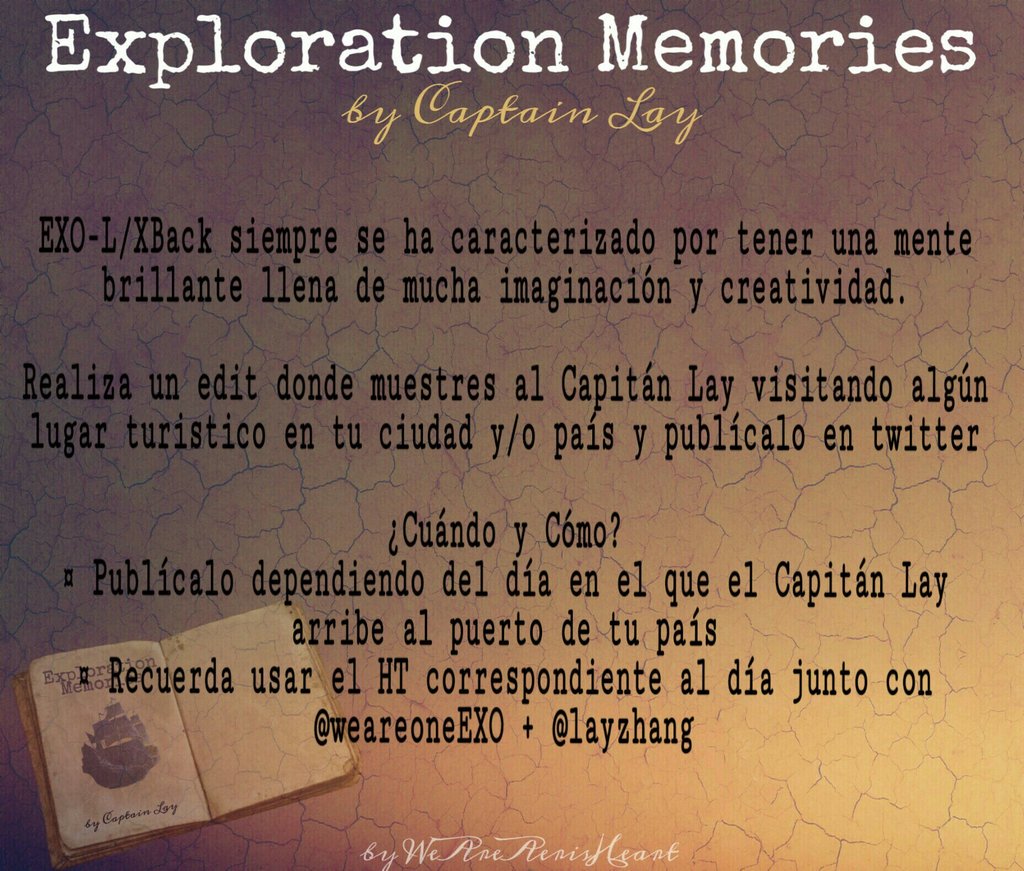 WeAreAerisHeart's tweet photo. 🚢We Are Calling For Captain Lay🚢
Contest!
Hemos sido informados que nuestro Capitán LAY llevará un registro de los lugares de cada país que visite.
Ayúdalo a llenar su libro 'Exploration Memories' con los mejores lugares de tu pais.
... anímate y participa!
@weareoneEXO https://t.co/JKHjnI4nee