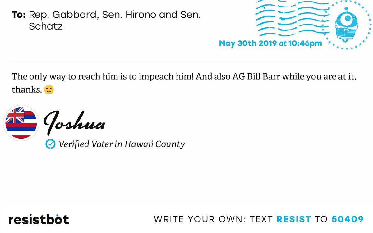 openletterbot's tweet photo. I just delivered this letter from Joshua in Paauilo, Hawaii to @TulsiPress, @MazieHirono and @SenBrianSchatz #HIpols #HIpolitics #ImpeachBarr https://t.co/1WFUQo0SBu