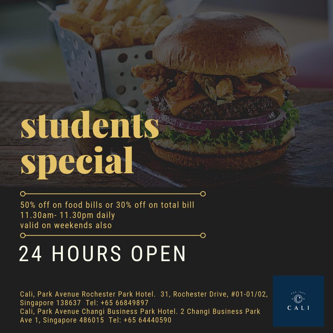 we are #24X7open especially for our students! Enjoy 50% off on food bills or 30% off on total bill.  Valid on weekends also

#singaporeinsiders #exploresingapore #sgfood #sgfoodie #asianfusion#stfoodtrending #asiadelights #hungrygowhere #chopesg #burpple #sgburpple #openricesg