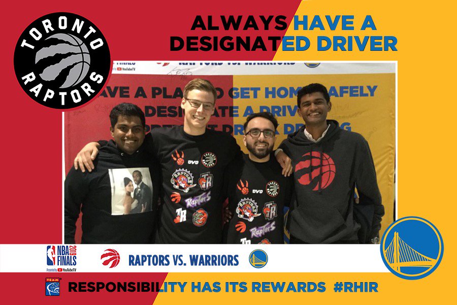ResponsibleFans's tweet photo. Responsibility Has Its Rewards at #NBAFinals Congratulations to @Raptors Designated Driver for the Season! Thanks to all the fans who pledged to prevent drunk driving this season. https://t.co/agQ0Uurbdd #RHIR #DontDriveDrunk https://t.co/c0OMDhRJBS