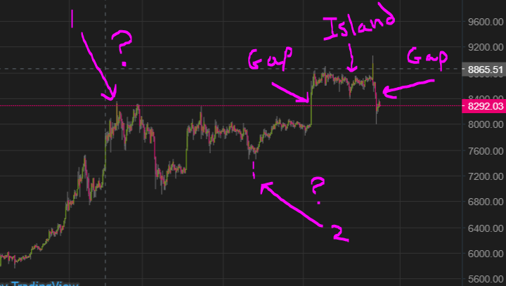MoonOverWhales's tweet photo. @ImNotTheWolf After reading the stockcharts link you provided on Island reversals, I am still a little confused. Why would #1 not count as an island? Also would #2 be considered an island if it had dropped down more (the two dashed lines) ? https://t.co/z5VhAV8hp7
