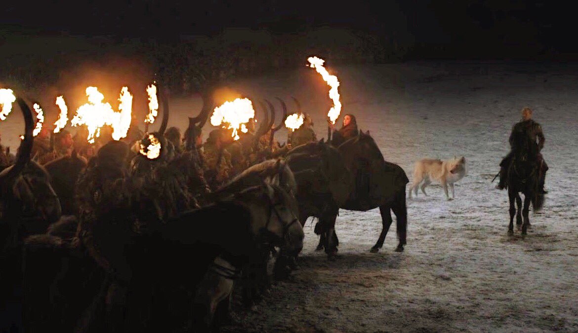 Jorah Mormont, Melisandre, and Ghost. // 8.03 The Long Night 
<a href="/GameOfThrones/">Game of Thrones</a>