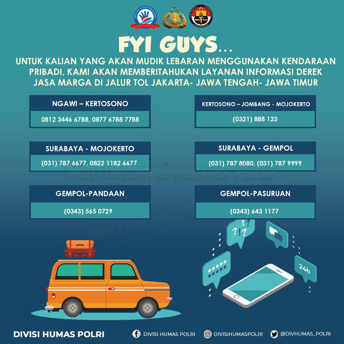 FYI guys... untuk kalian yang akan mudik lebaran menggunakan kendaraan pribadi, kami akan memberitahukan layanan informasi derek Jasa Marga di Jalur Tol Jakarta- Jawa Tengah- Jawa Timur

1)Ngawi – Kertosono: 0812 3446 6788, 0877 6788 7788