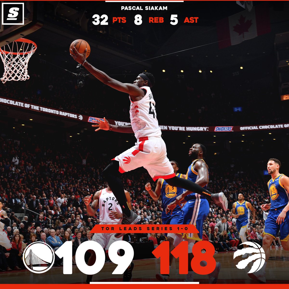theScore's tweet photo. The Raptors take down the mighty Warriors in Game 1. #WeTheNorth https://t.co/efJUdmIaXY