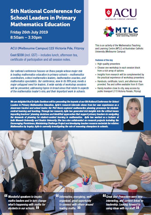 MTLC_ACU's tweet photo. Having conference withdrawals already? Fear not! We have our 5th National Conference for School Leaders in Primary Mathematics Education at ACU Melbourne on July 26th. Registrations are open now with a great line up of presenters https://t.co/e2FwIBITmm #mathspd #leadership https://t.co/RGzBk8WAJQ