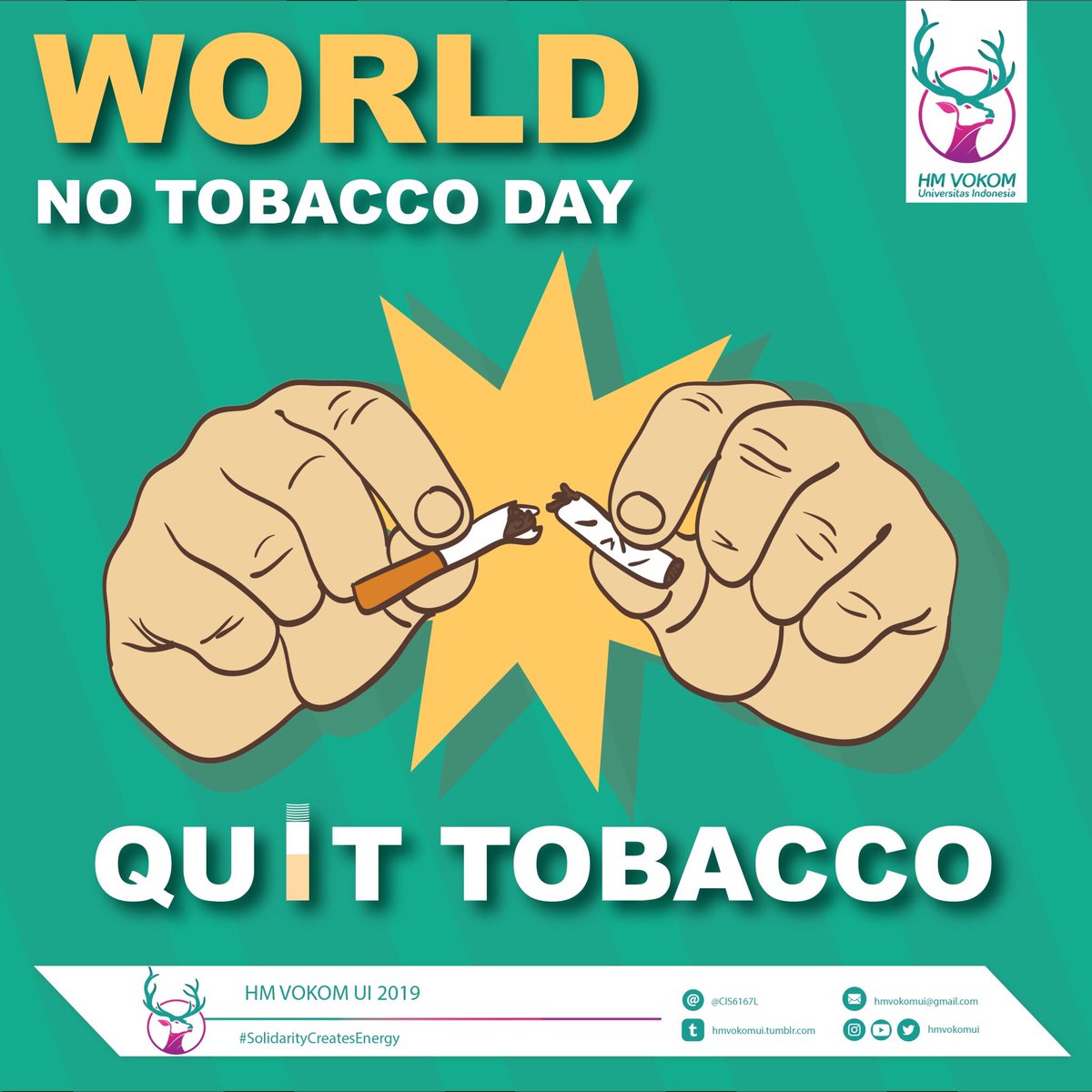 Happy World No Tobacco Day!
<a href="/HMMIDUI/">HM Vokasi MID UI</a> <a href="/HIMADMUI/">HIMADM Vokasi UI</a> <a href="/HIMTAUI/">HM Vok Pariwisata UI</a> <a href="/HMRK_UI/">HMRK Vokasi UI</a> <a href="/HMVA_UI/">HMVA UI</a>

Departemen Kominfo
HM Vokom UI 2019
#SolidarityCreatesEnergy