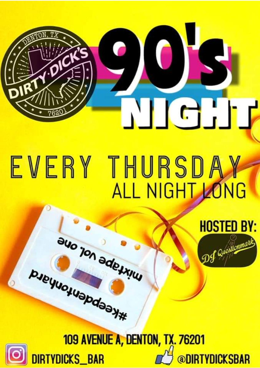 Denton2night's tweet photo. Going down at #DirtydicksBarDenton
@DJQuestionMark1 is
Doing 90's Night right.
#ThrowbackThursday #Denton #Dentondj #Denton2night #Frystreetdances #UNT #DjQuestionmark #KeepDentonhard https://t.co/kvAOdOckyX
