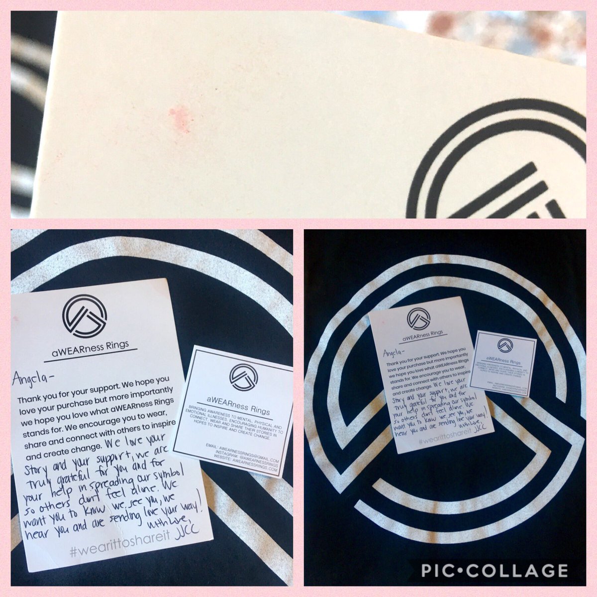 WeTheAngela's tweet photo. 😍 that I received my @aWEARnessRings tee 2day! Can't wait 2 wear it w/my necklace! Wonder if the tiny red mark on my Note is a signature mark from Kinsley &amp; Kya?! 😊 #aWEARnessRings #wearittoshareit #knowyouarenotalone Thank u @JennyRobinson1 @christinyxo Carrie &amp; Jamie https://t.co/QJnauYYryF