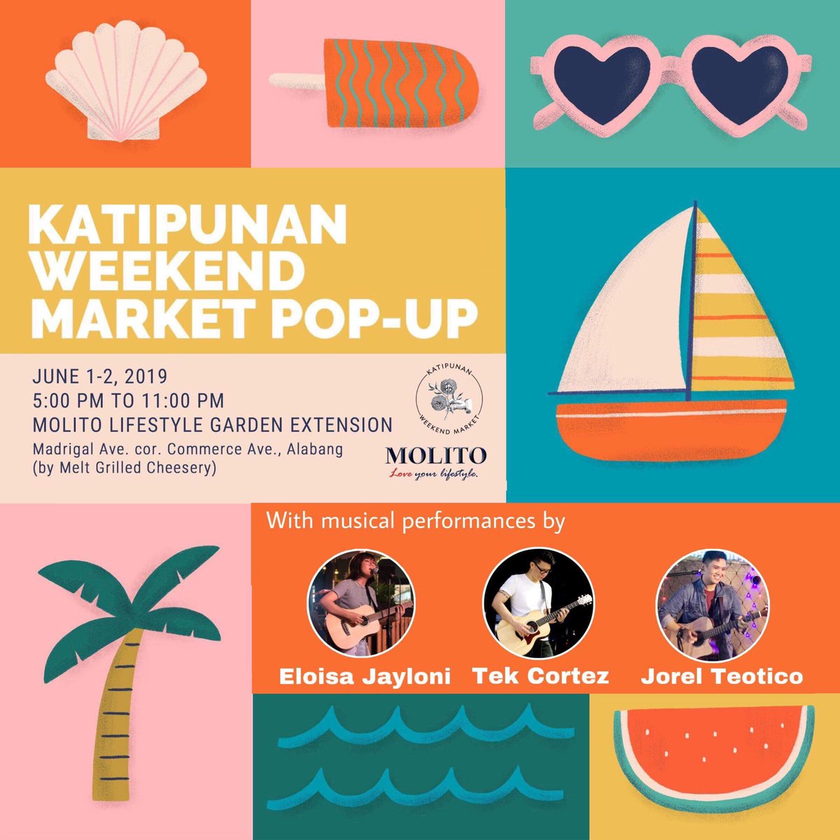 katipunanmarket's tweet photo. Katipunan Weekend Market at Molito this weekend ! June 1-2 (Sat & Sun) from 5pm to 11pm. With musical performances by @eloisajayloni @haringulan and @jorelteotico. #SupportLocal #ShoppingPh #EventsPh #MusicPh #BazaarPh @tarasasouth @SouthSnippets @TigaSouthKaBa @alabangbulletin https://t.co/iakLVPs9xF