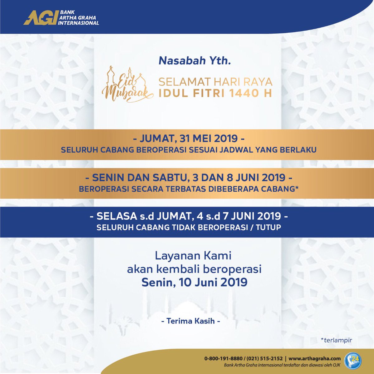 temanagi's tweet photo. Selama libur lebaran ini, ada beberapa cabang yang akan tetap buka untuk melayani aktivitas perbankan nasabah. 

Berikut ini adalah list cabang Bank Artha Graha yang tetap beroperasi selama libur lebaran.

#AGIBank
#ArthaGrahaInternasional
#BagiKabarBaik https://t.co/V9kEIRzWPp
