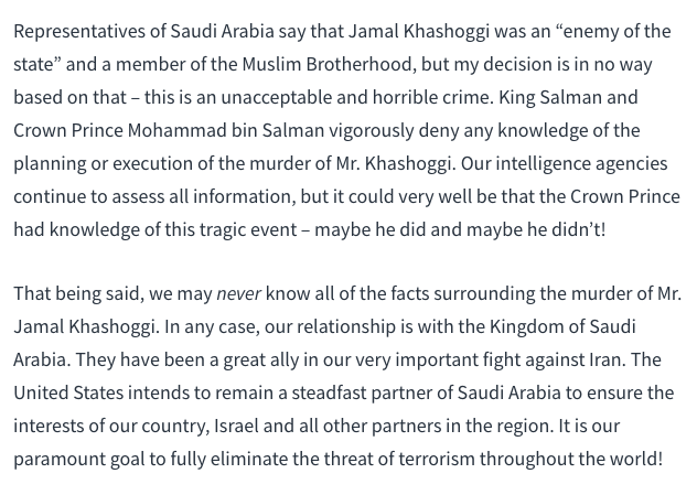 Compare also Donald Trump's rhetoric in his statement on Saudi Arabia and Jamal Khashoggi. "Yes the murder was terrible, but maybe it ways the Saudis, and maybe it wasn't, who knows, let's keep selling them weapons!" Skepticism supports the status quo.  https://www.whitehouse.gov/briefings-statements/statement-president-donald-j-trump-standing-saudi-arabia/