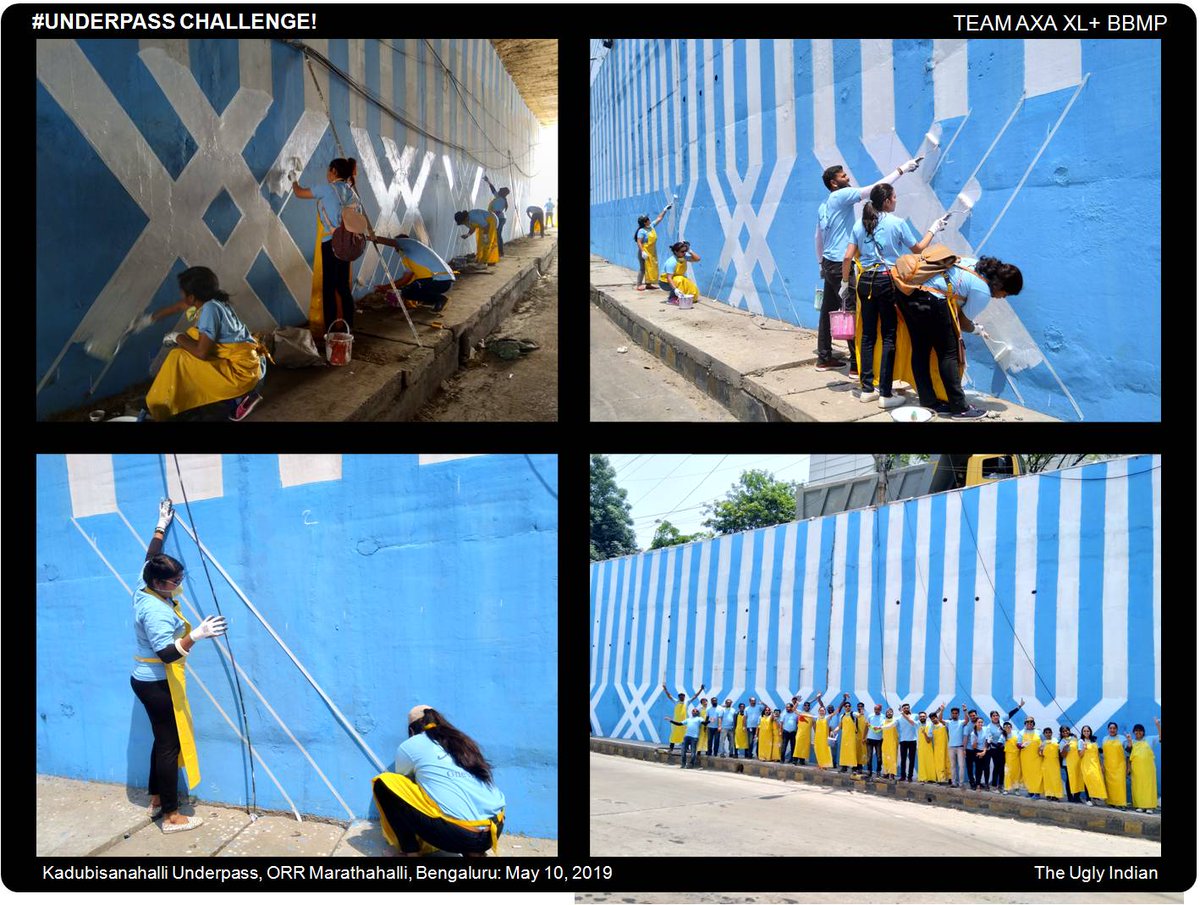 theuglyindian's tweet photo. AXA-LENT WORK!
Volunteers from @AXA_XL take up the #UnderpassChallenge of BBMP+TUI and adds poster-repellent designs on the Kadubisanahalli Underpass, ORR, Blr. 
How it works? BBMP paints base coat, public adds designs. 
More pics @
https://t.co/2VkxdIZjrQ
@Randeep_Dev @BBMPCOMM https://t.co/b1gnTf7a6C