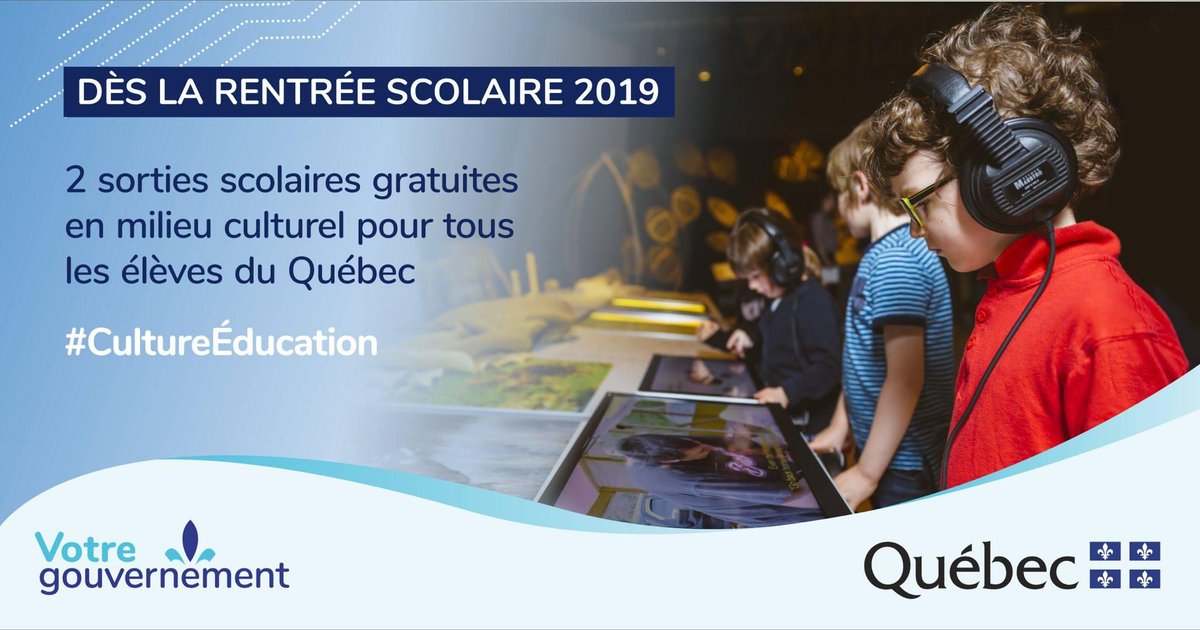 Dès la rentrée 2019, tous les élèves du Québec se verront offrir deux sorties  culturelles gratuites par année scolaire. Notre parti s'y était  engagé lors de la dernière campagne électorale. Une autre promesse tenue par votre gouvernement! #CultureEducation #polqc #AssNat