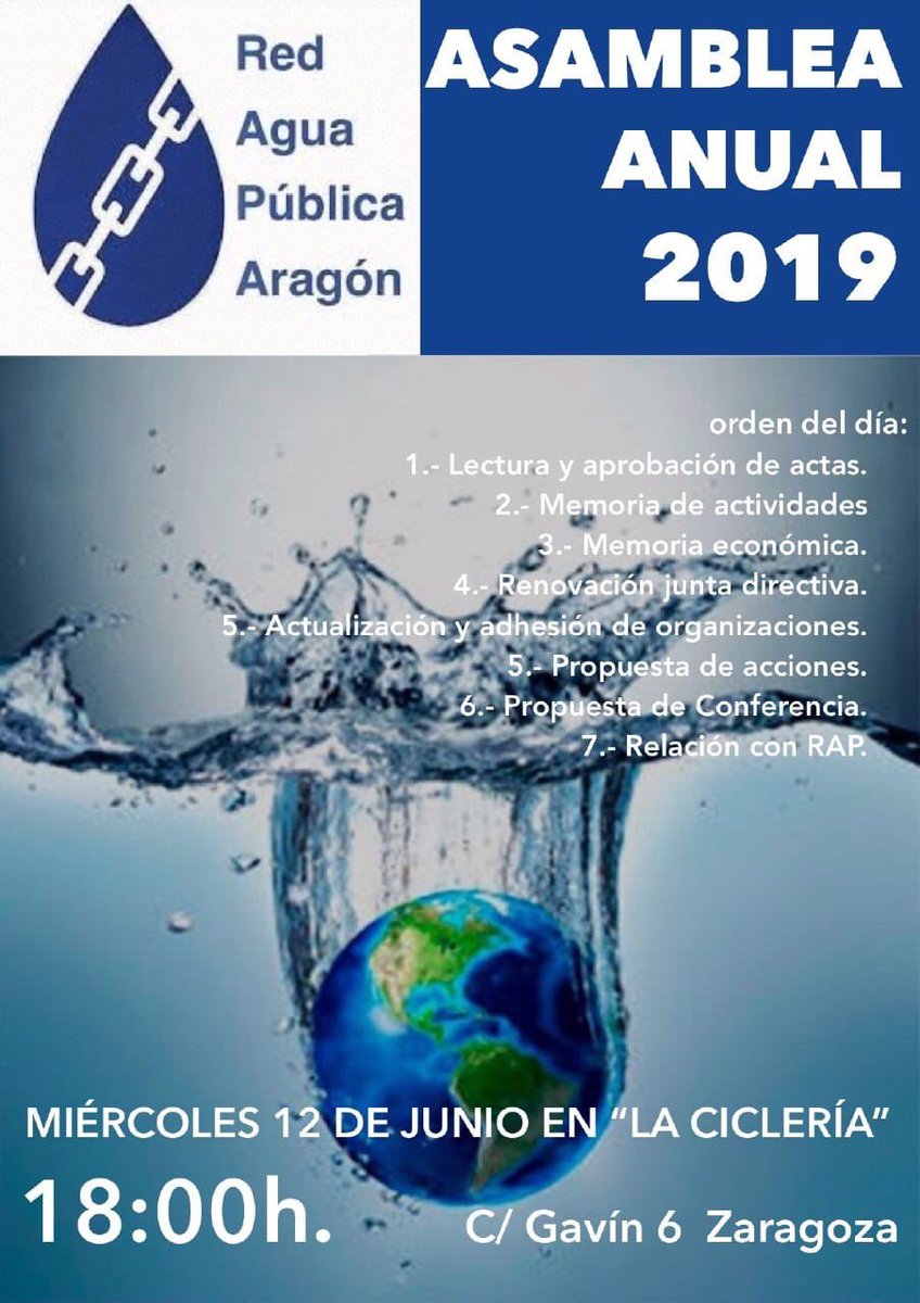 FscAragon's tweet photo. @RAPAAragon convoca Asamblea Anual 2019 #Acude miércoles 12 junio a las 18:00 en la @LaCicleria  #CicloIntegralDelAgua #EstafaICA https://t.co/c1xYINP2kV