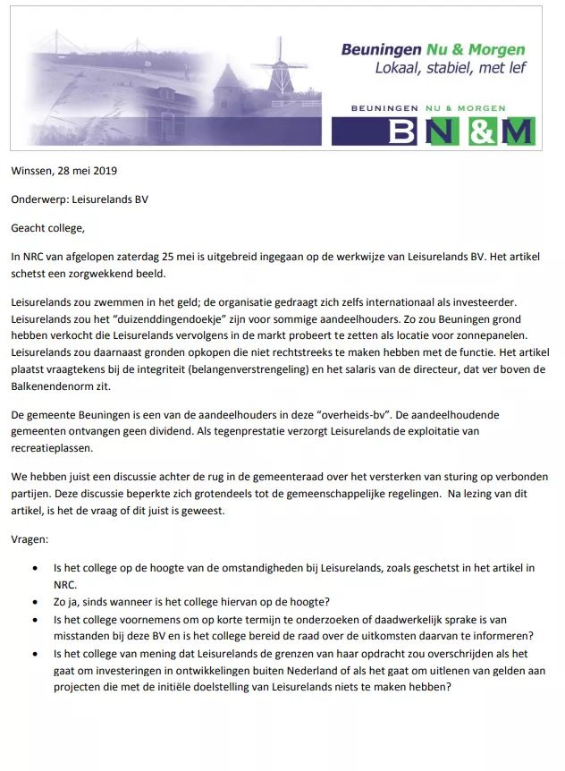 Naar aanleiding van het artikel in NRC van afgelopen zaterdag 25 mei waarin uitgebreid is ingegaan op de werkwijze van <a href="/Leisurelands/">Leisurelands</a> schets het <a href="/BeuningenNenM/">Beuningen Nu en Morgen</a> een zorgwekkend beeld! We stellen vragen aan het College <a href="/gem_Beuningen/">Gemeente Beuningen</a>

facebook.com/17309556104584…

nrc.nl/nieuws/2019/05…