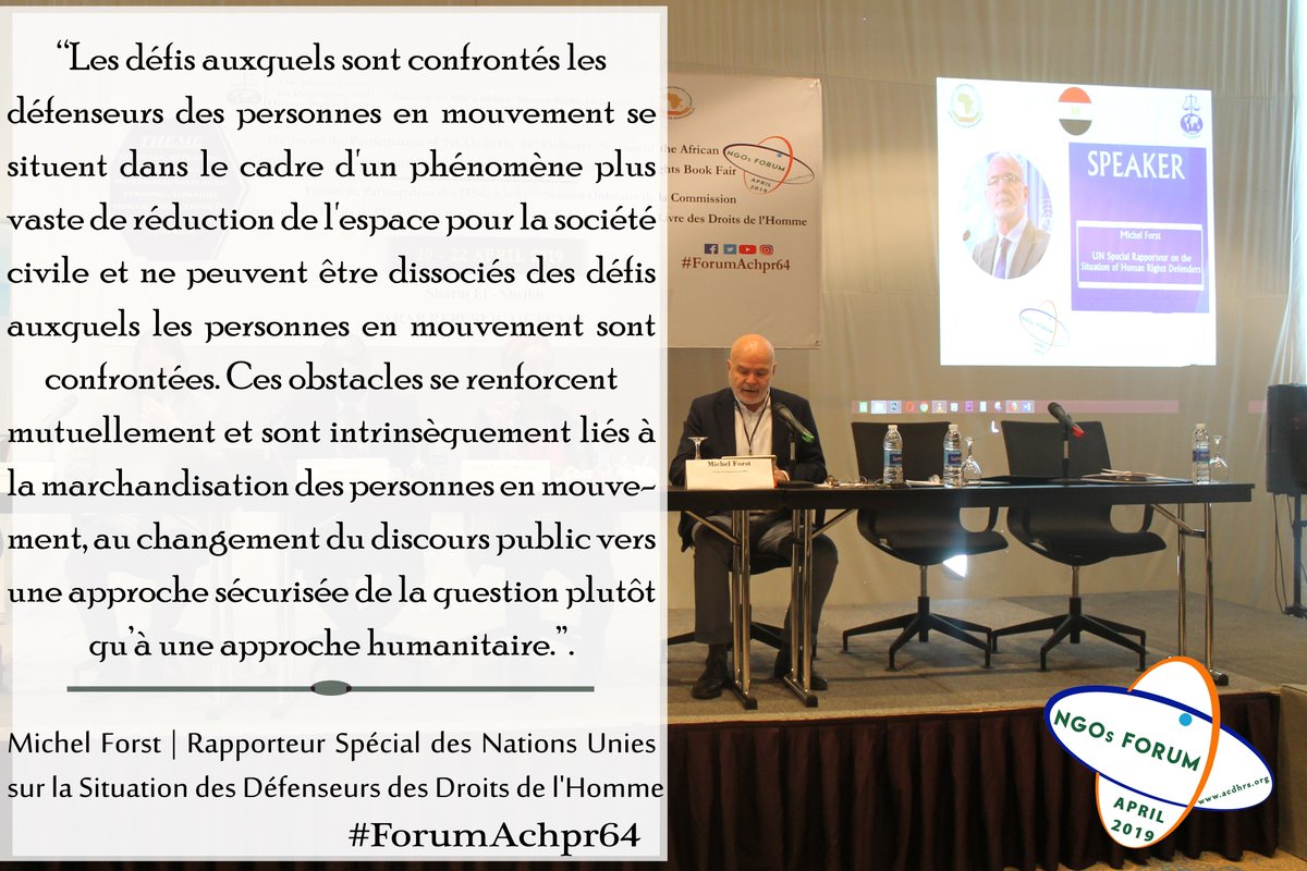 “Les défis auxquels sont confrontés les défenseurs des personnes en mouvement se situent dans le cadre d'1 phénomène plus vaste de réduction de l'espace pour la société civile &amp; ne peuvent être dissociés des défis auxquels ls personnes en mouvement ...” #ForumAchpr64
Michel Forst