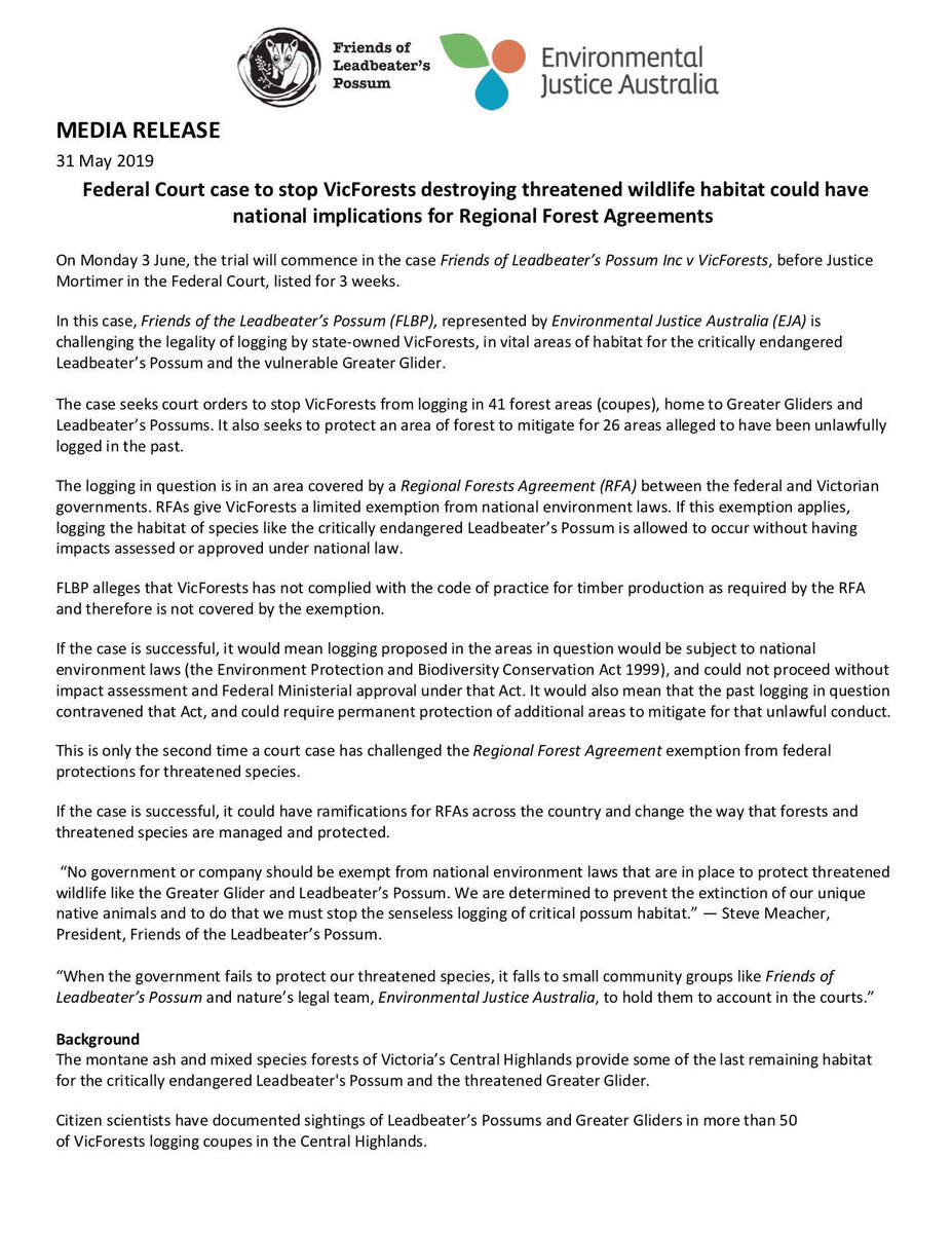 LeadbeatersPoss's tweet photo. MEDIA RELEASE
Our much anticipated Federal Court case finally starts on Mon 3rd June, 10am, Rm B8 (Melb) ⚖️
With @EJ_Aus council, we’re challenging VicForests logging practices under the RFA’s (Regional Forestry Agreements) ✊#FLBPvvicForests #PossumsCase  
#AusPol #SpringSt https://t.co/Fu6RTXIDkb