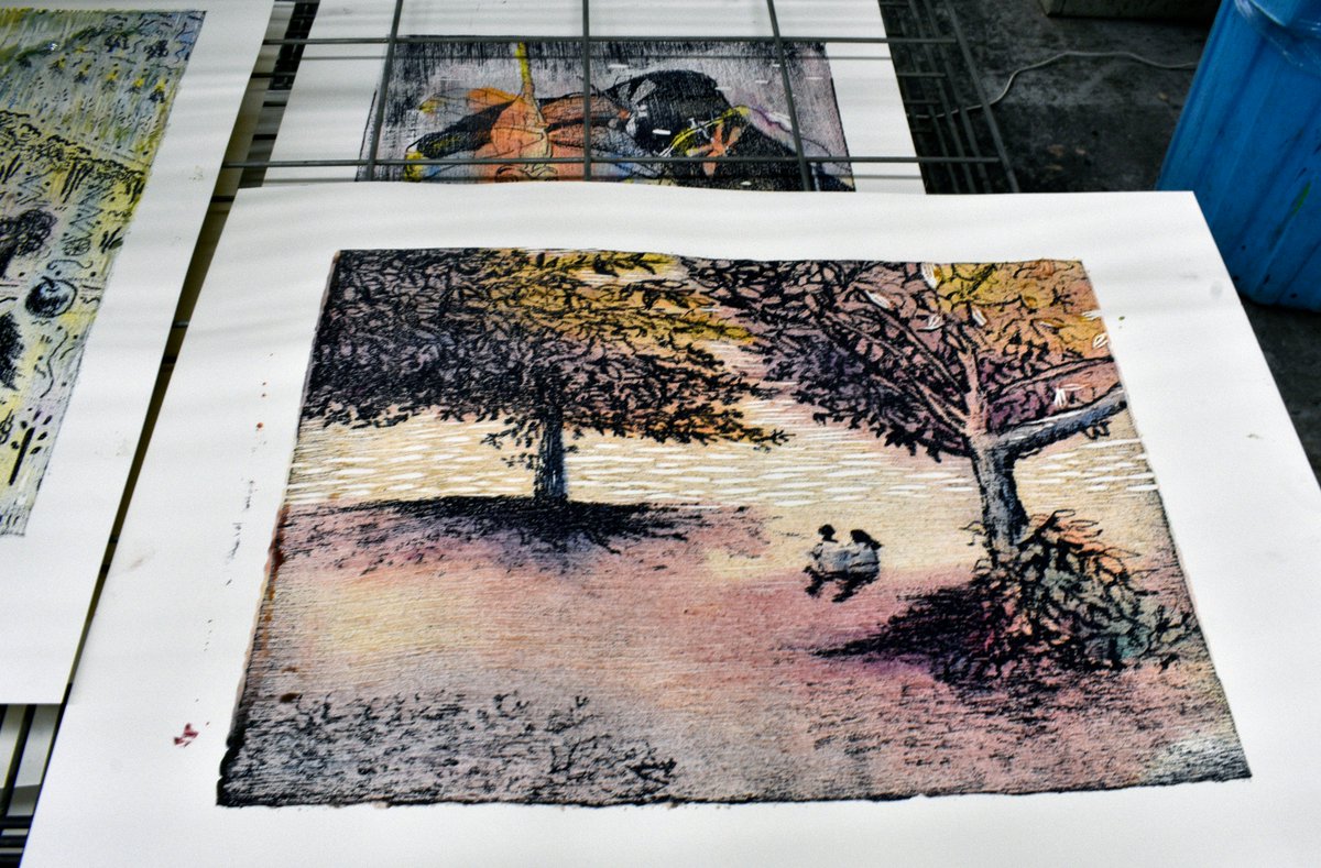 リトグラフ2年生〜木版リトグラフ〜 単色刷りと油性のインクをのせた版