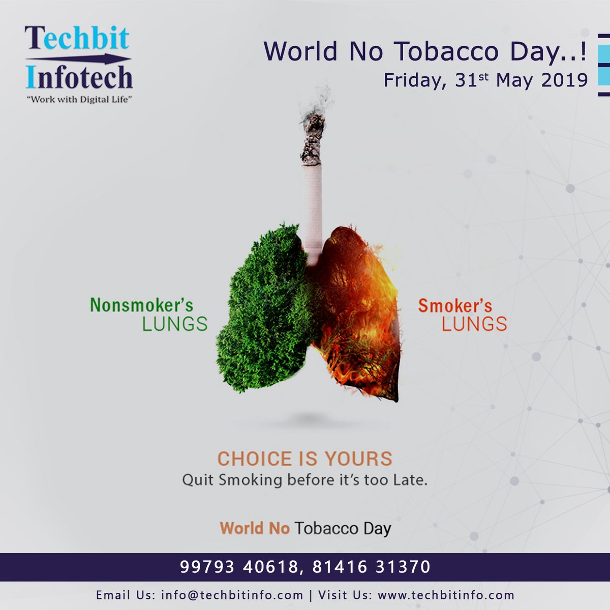 TechBitInfo7's tweet photo. Smoking and tobacco use causes more than 5 million deaths per year worldwide
World No Tobacco Day..!
#techbitinfotech #webdevelopment #graphics #Brand #logodesign #LuxuryDesignr #WorldNoTobaccoDay #NoTobaccoDay #NoTobacco #StopSmoking #QuitSmoking #TobaccoKills https://t.co/P0Bmiu1QUq