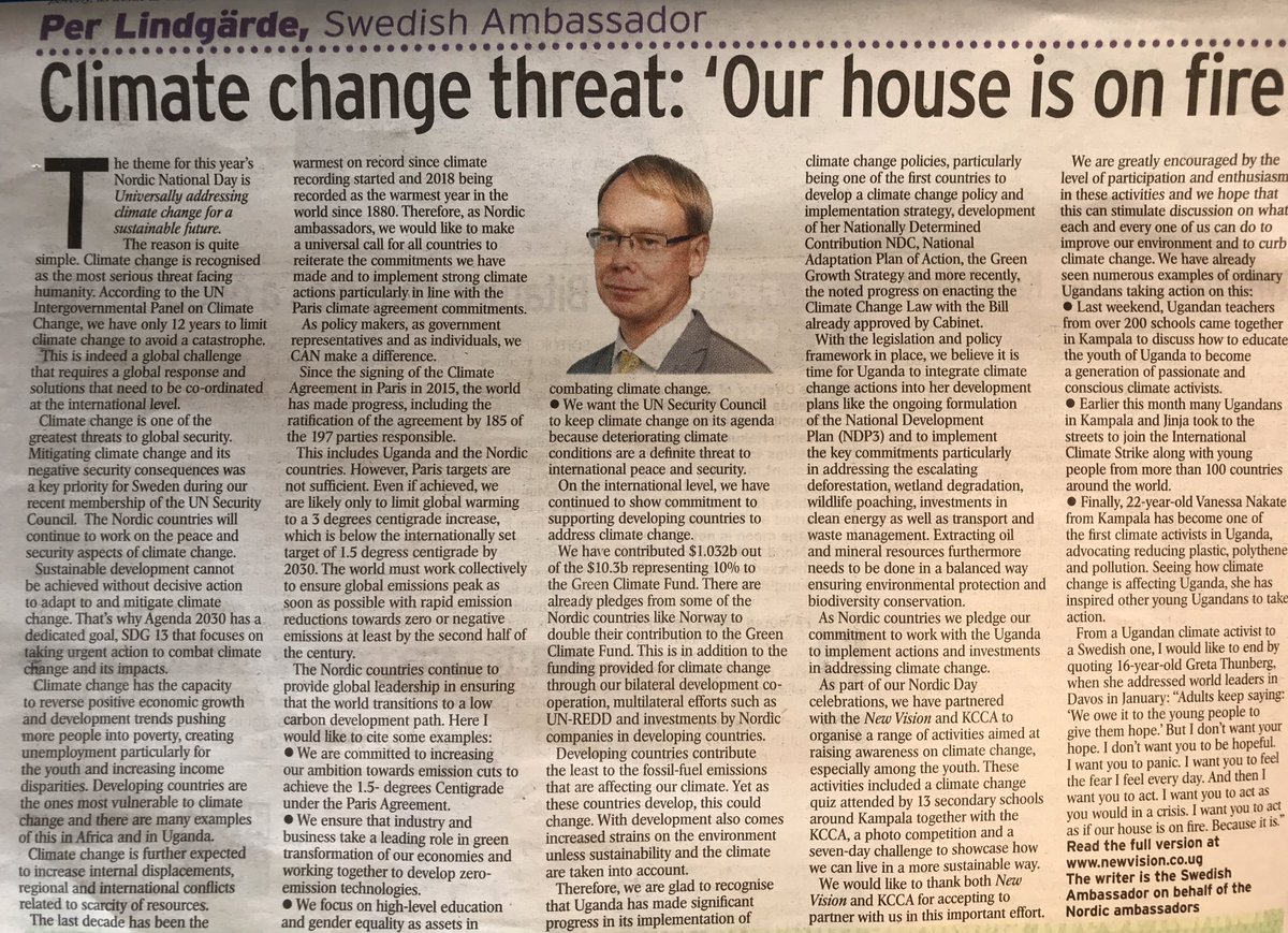 SwedeninUG's tweet photo. In today’s @newvisionwire, @SwedEnvoyUganda shares a joint statement by the Nordic Embassies on the threat of #ClimateChange as part of his speech during the Nordic National Day yesterday.
#Nordics4ClimateAction
#Nordics4TheEnvironment
#FacingTheClimate https://t.co/WovWqWr4qr