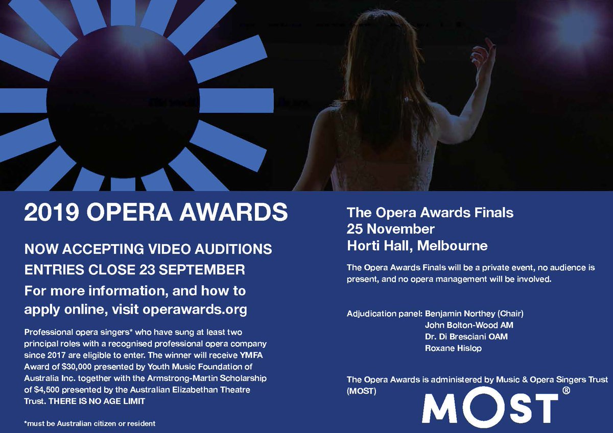 AusSingComp's tweet image. Entries are open for the 2019 Opera Awards! 
Did you know that this year for the first time the Opera Awards is accepting video auditions? The Opera Awards Finals will be a private event, located at Horti Hall, Melbourne, 25 November. Visit our website: operawards.org
