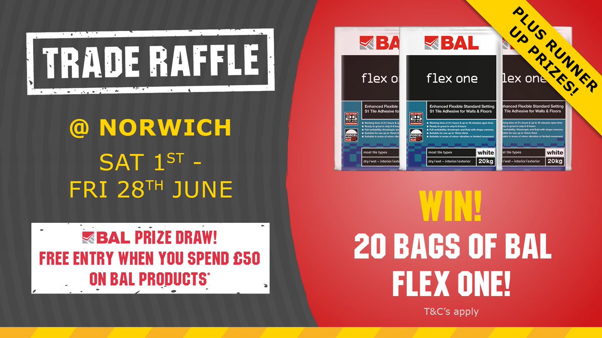 #TRADE #RAFFLE at CTD #Norwich! 🏆 BAL PRIZE DRAW. Throughout June!
Win 20 bags of NEW BAL Flex One adhesive...Free entry when you spend £50 on <a href="/BALtiling/">BAL Tiling</a> products.