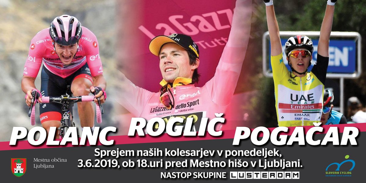 TurizemLJ's tweet photo. Dirka po Italiji se ta vikend zaključi. 🚴♂️V ponedeljek 3.6. ob 18.00 pridite pred Mestno hišo pozdravit kolesarske junake Primoža Rogliča, Jana Polanca in Tadeja Pogačarja. 😍#GirodItalia #Roglic #Ljubljana https://t.co/iipGso9cQJ