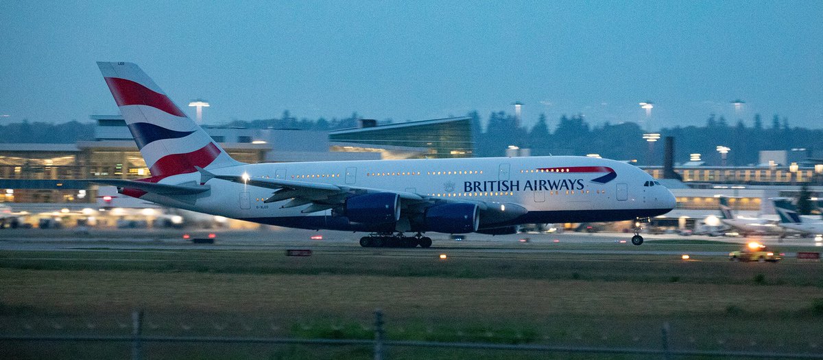 Kent_YVR's tweet photo. Tonight’s Speedbird departure was a bit late, in Blue Hour / twilight @yvrairport heading back to London - Heathrow Airport. #GXLED #LEDzep 🤘😎 #yvrspotters #Vancouver https://t.co/qXd7p2cxa0