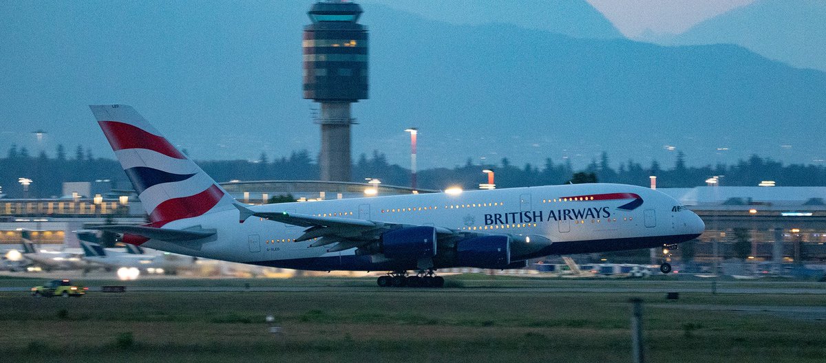 Kent_YVR's tweet photo. Tonight’s Speedbird departure was a bit late, in Blue Hour / twilight @yvrairport heading back to London - Heathrow Airport. #GXLED #LEDzep 🤘😎 #yvrspotters #Vancouver https://t.co/qXd7p2cxa0