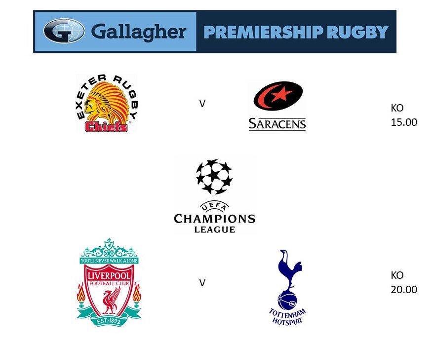 Waterloo1st's tweet image. It's Finals Day at the Memorial Ground on Saturday 1st June.  

First up live coverage of @ExeterChiefs v @Saracens in @GallagherUK Premiership Play-off Final from Rugby HQ (KO 15.00) 🏉🏆🍻 Followed by @SpursOfficial v @LFC from Madrid (KO 20.00) ⚽️🏆🍻