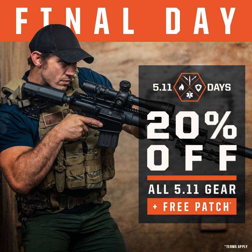 TacTree's tweet photo. 5.11 Days ends today! Here’s your last chance to get 20% off & your exclusive free patch.
Shop online >>> https://t.co/IBQD6Qn0JG
#511tactical #511days #mytactree #tactree #tacticalgear #tacticalwear https://t.co/F0FgddYNiP