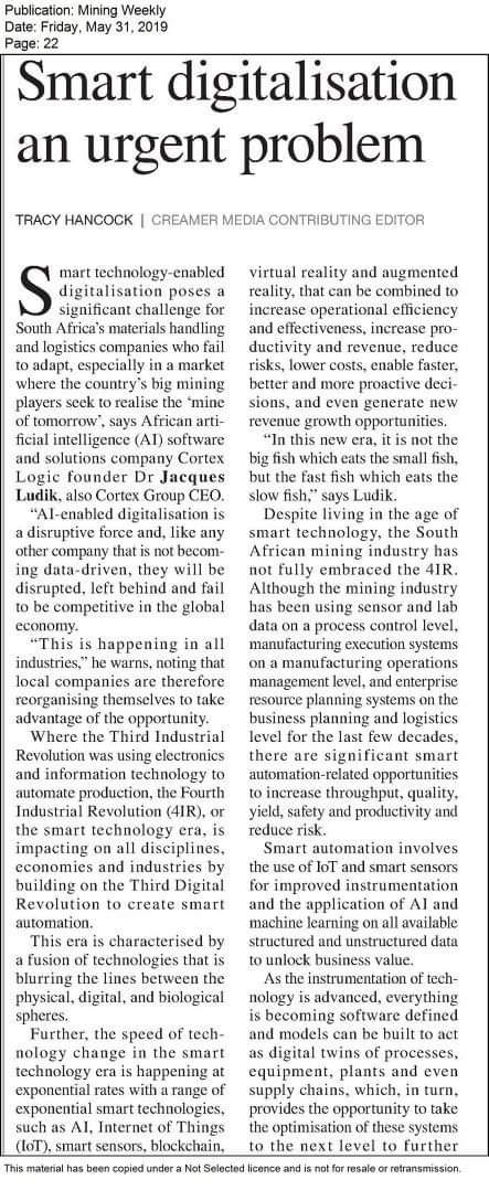 TishalaComms's tweet image. Get your Latest copy of #MiningWeekly 

Smart #Digitalisation an urgent Problem 

#CortexLogic #DrLudik