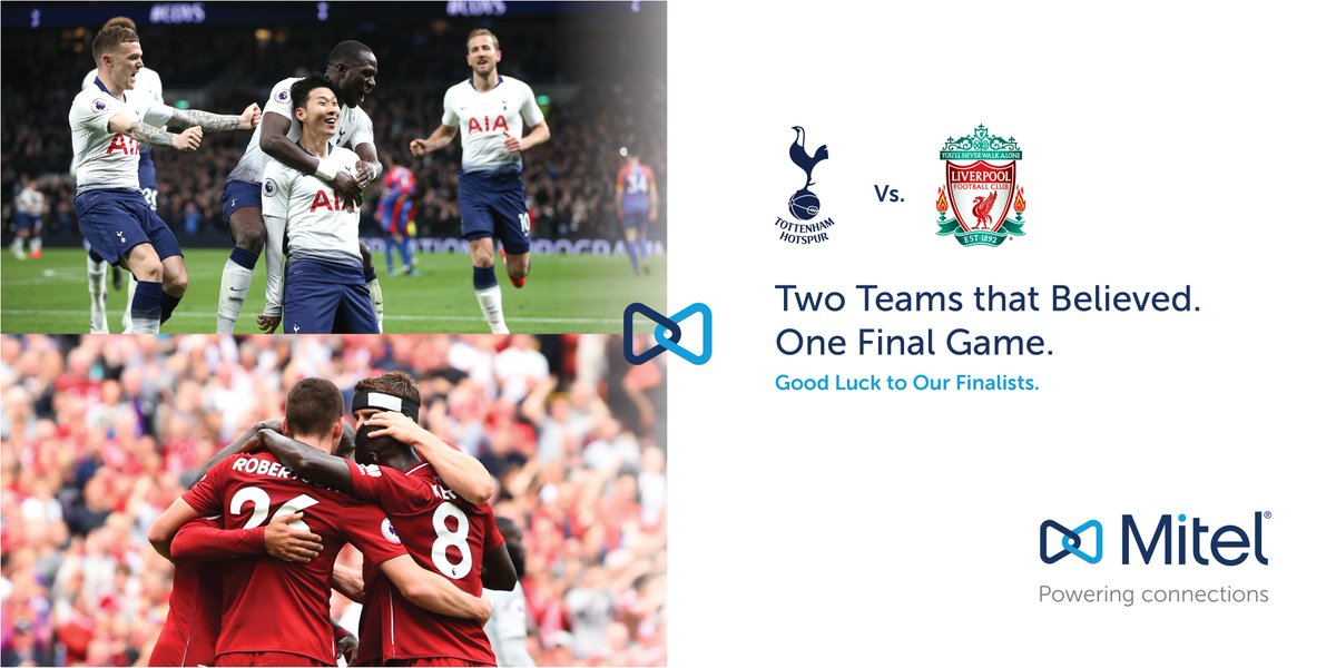 Mitel's tweet photo. From Anfield to Tottenham Hotspur Stadium, Mitel powers communications and collaborations for two of the highest-performing clubs in Europe. Tomorrow, they compete in the final. Best of luck to @LFC and @SpursOfficial! https://t.co/bFVxgSKi2B