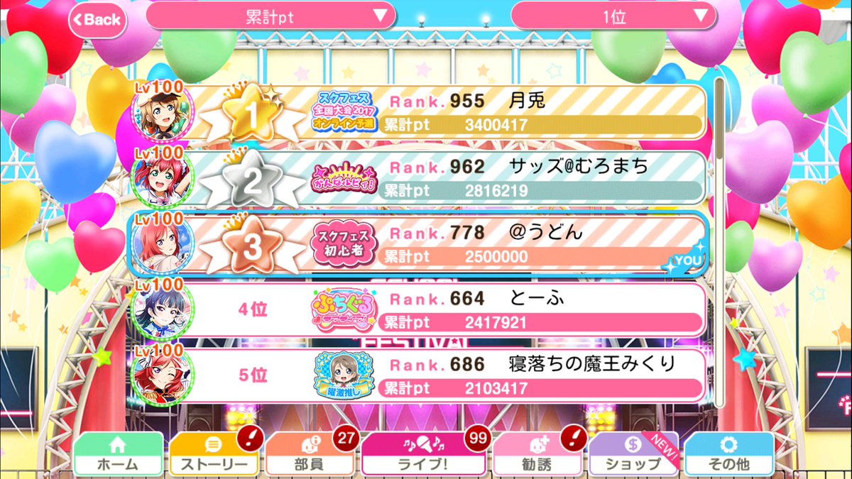 sif_udon's tweet photo. マカロンイベ
『卒業バイバイ』
第3位  累計2,500,000pt

スクフェスを始めて3年と少し、初の1桁&amp;色段を達成できました！
単位バイバイもなく無事終われてよかったです😊 https://t.co/M3ZGM79KQJ