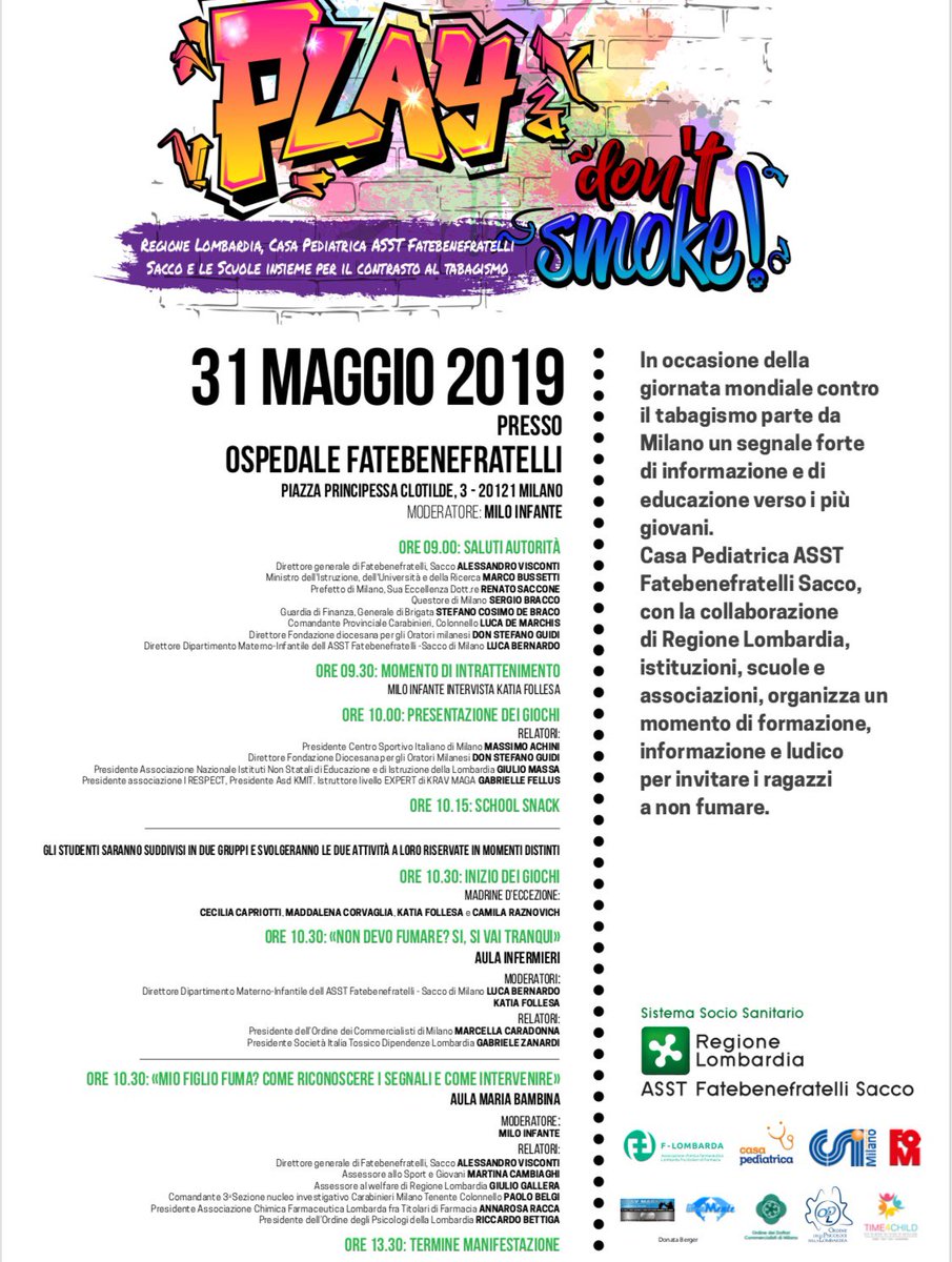 GIORNATA MONDIALE CONTRO IL TABAGISMO 
PLAY DON’T SMOKE
Tutti insieme per dare un segnale forte di informazione e di educazione verso i più giovani. Partecipa Marcella Caradonna. <a href="/RegLombardia/">Regione Lombardia</a> <a href="/UfficioStampaF2/">Ufficio Stampa Fatebenefratelli</a> Ospedale Luigi Sacco e Casa Pediatrica Fatebenefratelli #NoSmokingDay