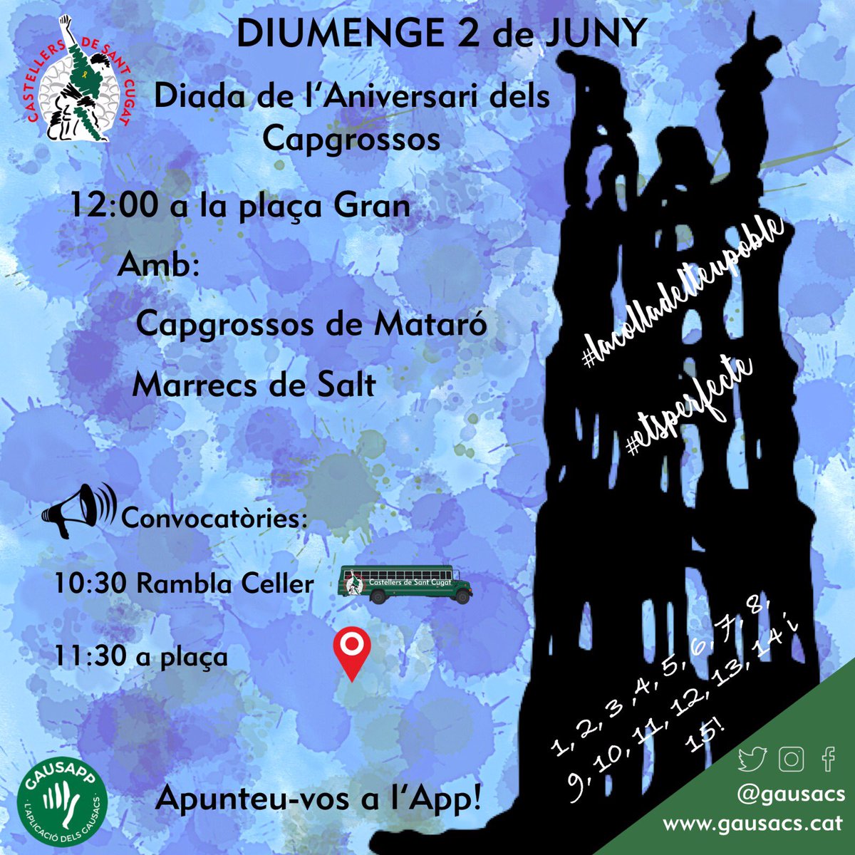 gausacs's tweet photo. Divendres, dia d’assaig. Dia d’omplir la Canigó i preparar-nos per diumenge, on ens esperen els @capgrossos i els @Marrecs amb ganes de fer grans castells! #lacolladelteupoble #etsperfecte https://t.co/Q7WDtVwMsL