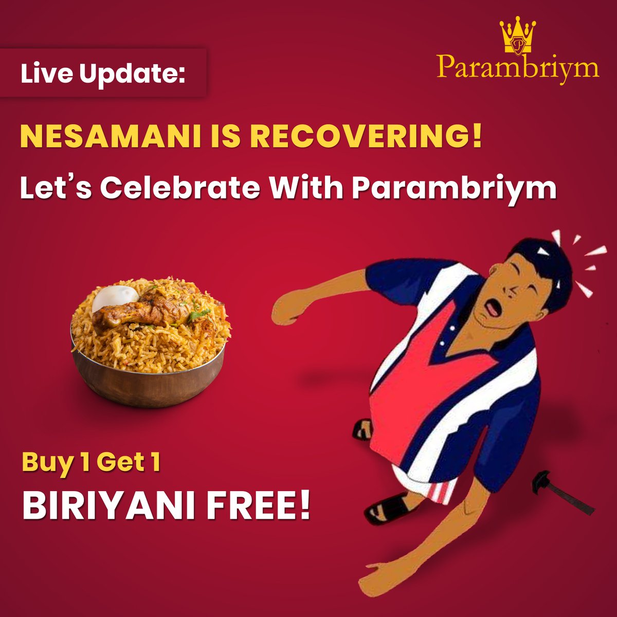 Parambriyms's tweet photo. Good news for #Nesamani well-wishers!
All your prayers have come true.Doctors have confirmed that #Nesamani has started to recover. To celebrate this occasion,#Parambriym is offering a Buy 1 Get 1 free offer on our delicious Biriyani. #pray_for_nesamani
Image credit: unknown https://t.co/o3knzdNTMM