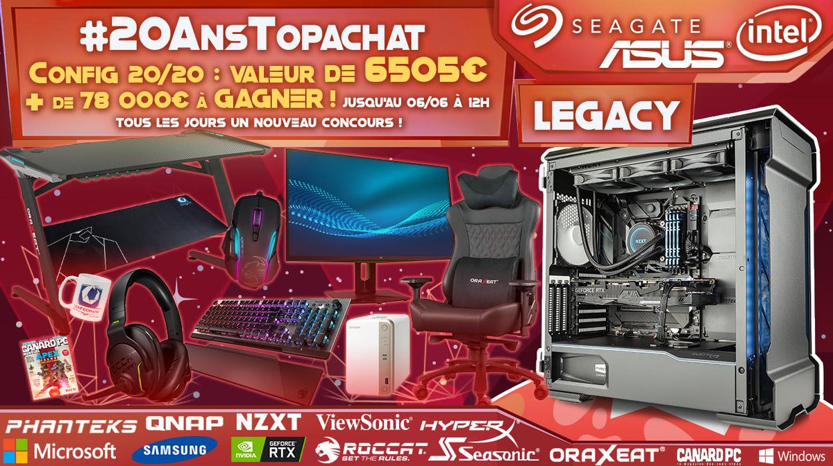 🎁 Concours 🎁 #20AnsTopAchat
+78 000€ de lots à gagner !

Elle est là ! La toute dernière !
La #ConfigFinale de 6505 € ! 

Pour participer #RT + Follow

Retrouve la #ConfigFinale LEGACY ici : topachat.com/pages/detail2_…
(Et il y a bien les périphériques à gagner aussi :D)