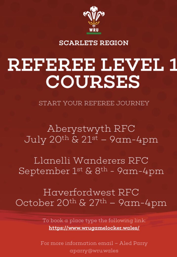 aledparry's tweet photo. Are you interested in becoming a @WRU_Community referee. If so check out the up and coming WRU Level 1 courses in the @scarlets_rugby region #giveitago #everytimereferee @Nigelrefowens https://t.co/2cPE8kPYt6