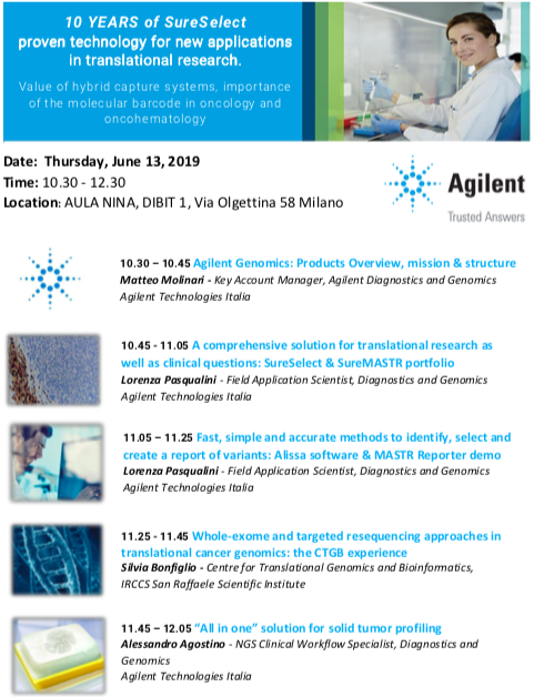 CosrLab's tweet photo. Want to know more about #SureSelect technology, its applications in #translational #research and its great impact in #oncology and #oncohematology? On 13th June don't miss the seminar @CtgbL and @Agilent @AgilentChem @AgilentGenomics are organising in Aula Nina @SanRaffaeleMI https://t.co/VK8nvl4xex