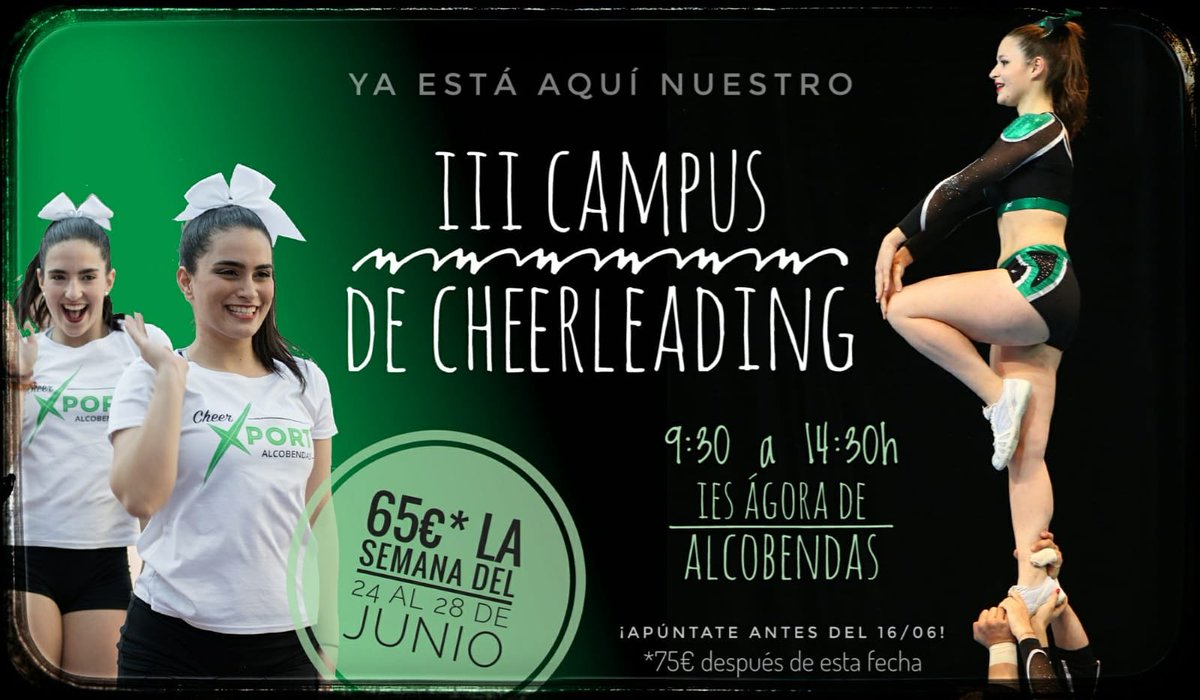 CheerXport's tweet photo. Ya está aquí nuestro III Campus de Cheerleading. ¿A qué esperas para apuntarte? No importa si ya has practicado el deporte o no.
Inscríbete en el enlace, tendrás más información:
https://t.co/dPao4uLKIY 

#Diversion #TODASlasedades #Niño #Niña #Hombre #Mujer #Deporte #Madrid https://t.co/O7H28i4TCc