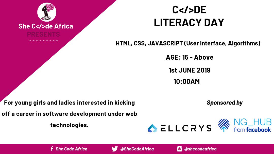 SheCodeAfrica's tweet image. Less than 24hours to kick off our #codeliteracyday!

We&apos;ve planned out an entire day of technical learning with women experts in the tech industry to take you from zero to hero in your registered class and will be focusing on building with web technologies.