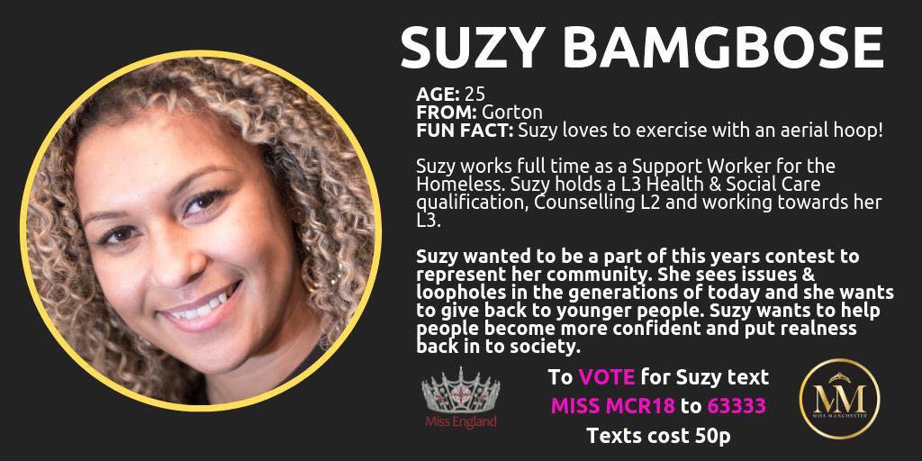 We would like to congratulate Suzy Bamgbose on making the final of the <a href="/MissMCRContest/">Miss Manchester Official</a>! 🎉

#MissManchesterContest #Finalist