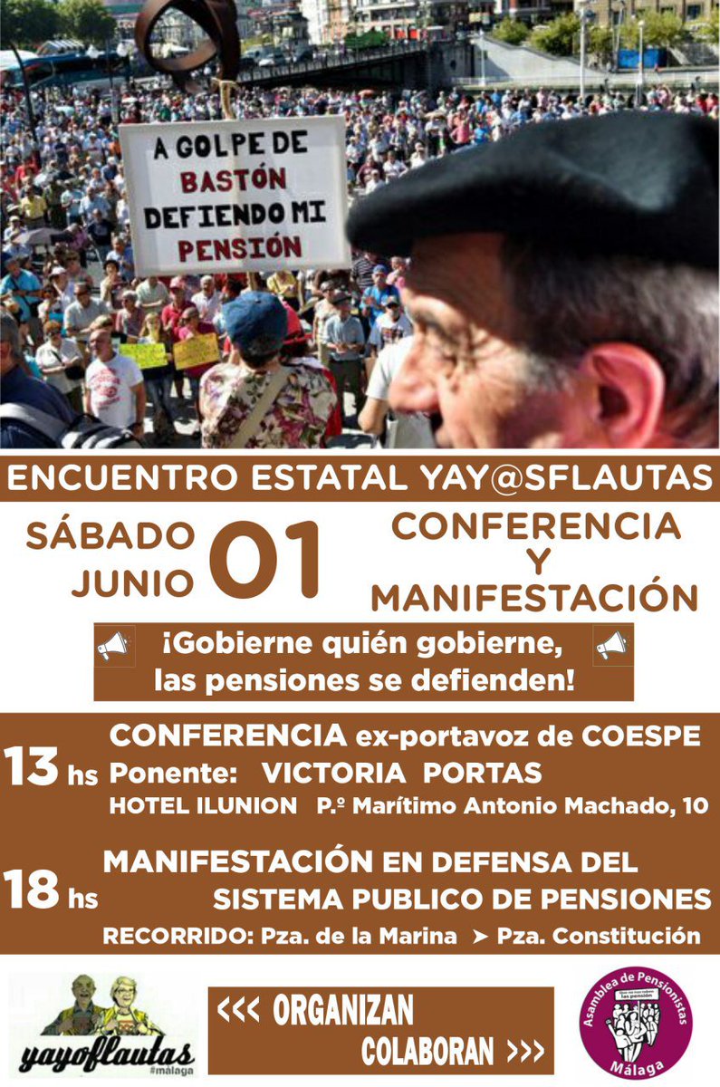 A Nosa compañeira <a href="/VitoGaliza/">Vito</a>  estará éste sábado no acto dos Yay@flautas celebran polo seu aniversario en Màlaga. Adiante compañeiros.
Parabéns pola loita.💪
<a href="/pensionazo_no/">G. C. LA VOZ de LAS PLATAFORMAS</a> 
@YayosCartagena 
<a href="/yayoflautas/">yay@flautas Madrid</a> 
<a href="/LuisMoliner13/">Yayo Moliner</a> 
<a href="/iaioflautas/">Iaioflautas</a>