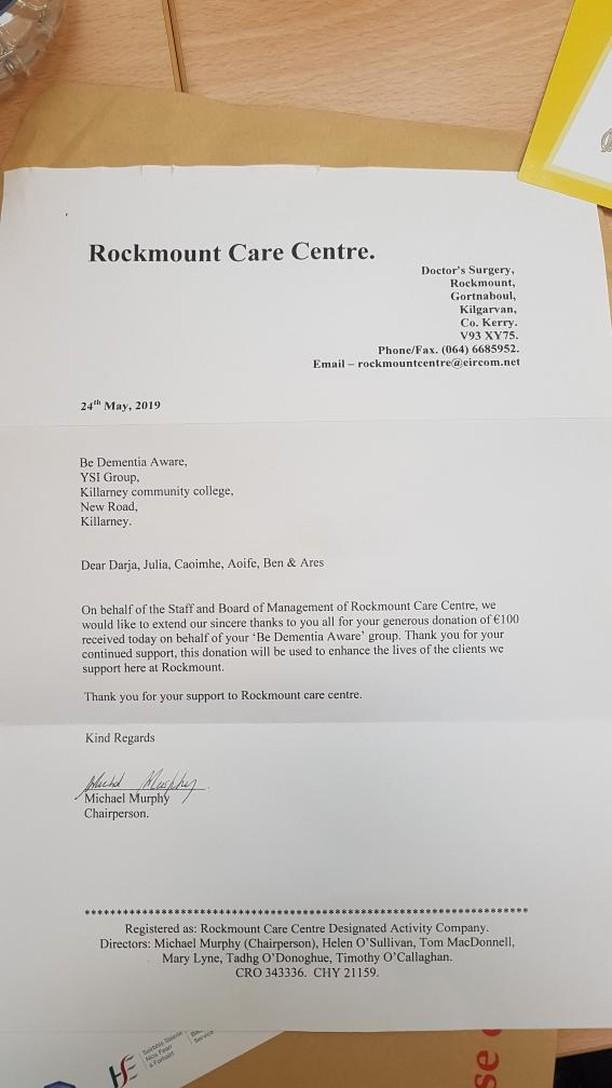 As a result of positively using our social media to raise awareness of dementia, we received this donation from a woman in memory of her mam who passed away in January. Thank you so much for the donation.We have donated this €100 to the Rockmount Care Centre in Kilgarvan <a href="/YSInow/">Young Social Innovators</a>
