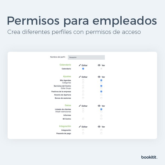 bookitit's tweet photo. Crea diferentes perfiles de usuarios asignándolos a las agendas y establece para cada uno de ellos permisos de edición o visualización en el calendario y panel de control.

#apps #startup #clinica #hospitales #clinicas #software #sistemareservas #appreservas #clinicadental https://t.co/TRewMV55V1