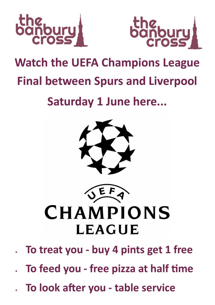 Make the most of our offers on for tomorrows UEFA Champions League Final! 5 inside screens and 2 outside... Karaoke will start straight after 😀 
<a href="/banburynews/">Banbury Guardian</a> <a href="/BanburyUnitedFC/">Banbury United FC</a> <a href="/banburyfm/">Banbury FM</a> <a href="/BanburyBID/">Banbury BID</a>