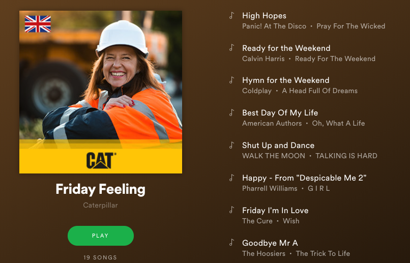 What does #FridayFeeling sound like to you? 🎧 We put these tunes together for <a href="/CaterpillarInc/">CaterpillarInc</a> - but we reckon there's something for everyone. Enjoy! 💛 open.spotify.com/playlist/1fbyI…