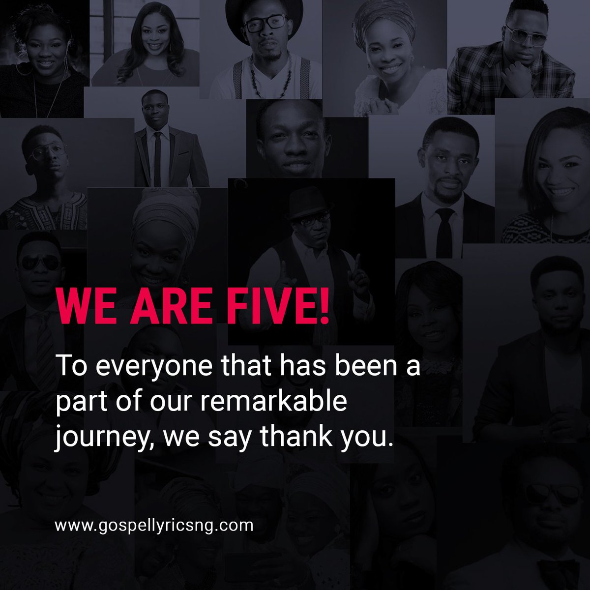 #GospellyricsngAt5 🎉

8 Million Visits
130,000 Followers
2,800 Lyrics
1,500 Artistes
15 Countries
10 Active Contributors
One GOD & One You
One Vision

--

To everyone that has been a part of our remarkable journey, we say thank you.

#gospellyricsng #weare5 #anniversary